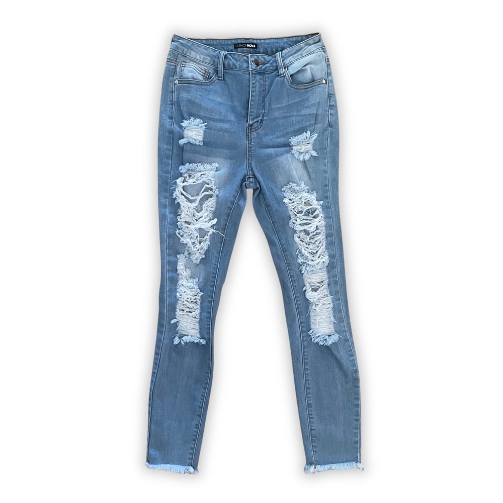 Fashion Nova Distressed Skinny Jeans Light Wash Frayed Hem Size 5